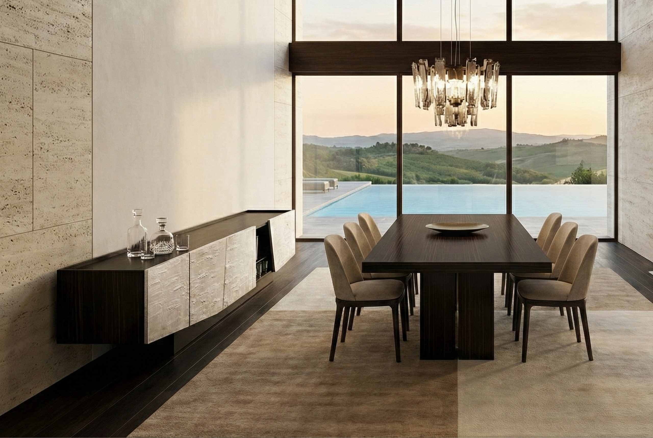 The Bianco Scultura buffet in a dining room facing the hills
